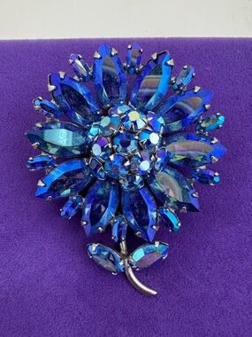 💛 Rare Vintage Sherman Blue Crystal Flower Brooch | Canadian Designer Heritage